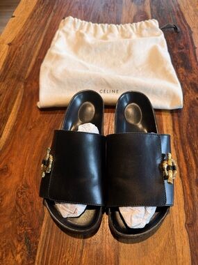 Celine Black Leather Slide Sandals with Gold-Tone Buckle